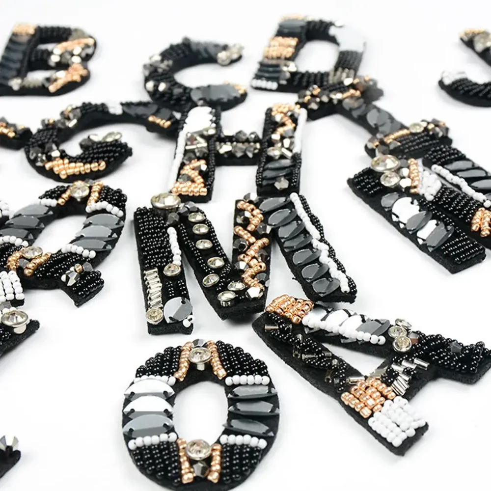 Black Beaded Letter Sew On Patch