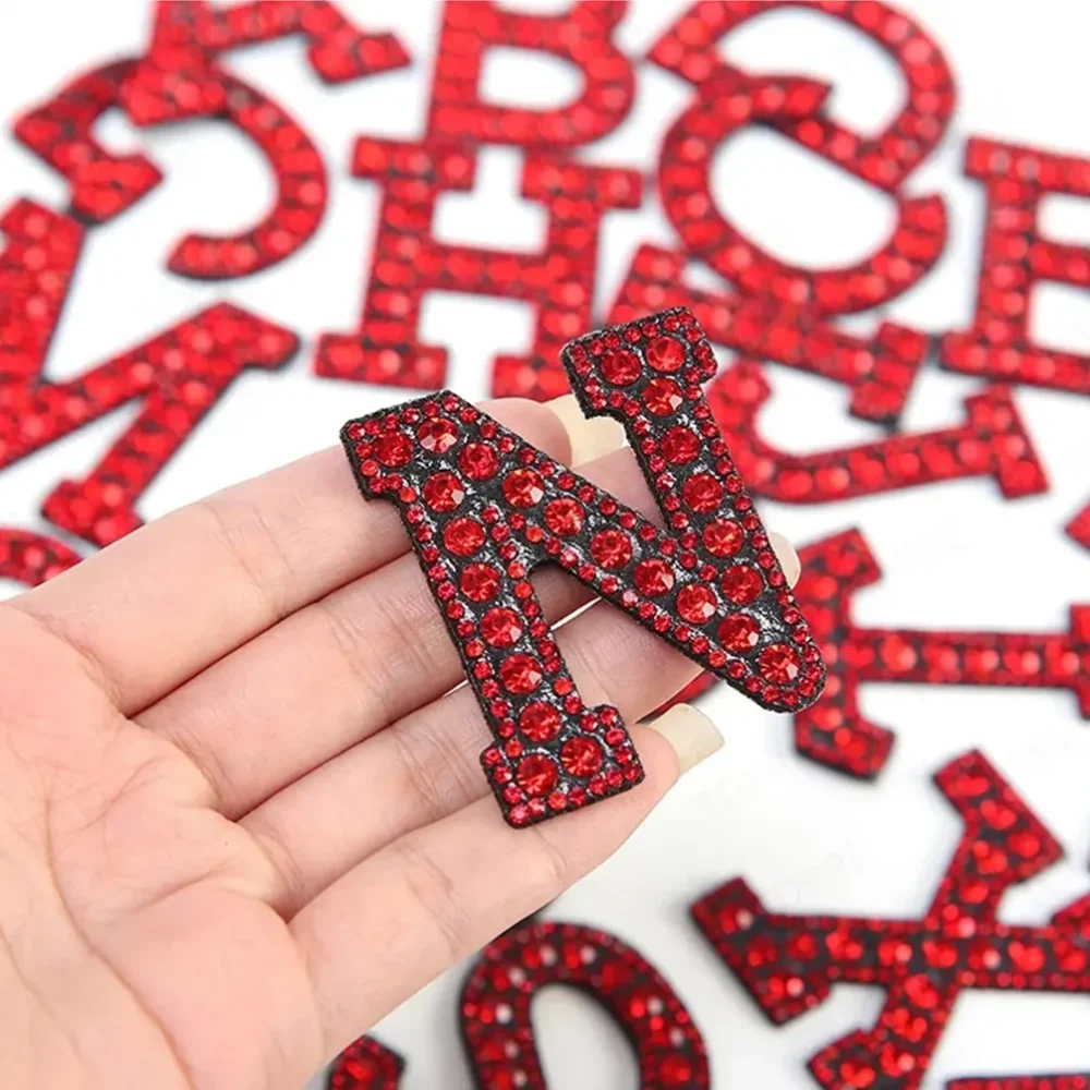 Red Rhinestone Letter Iron On Patch